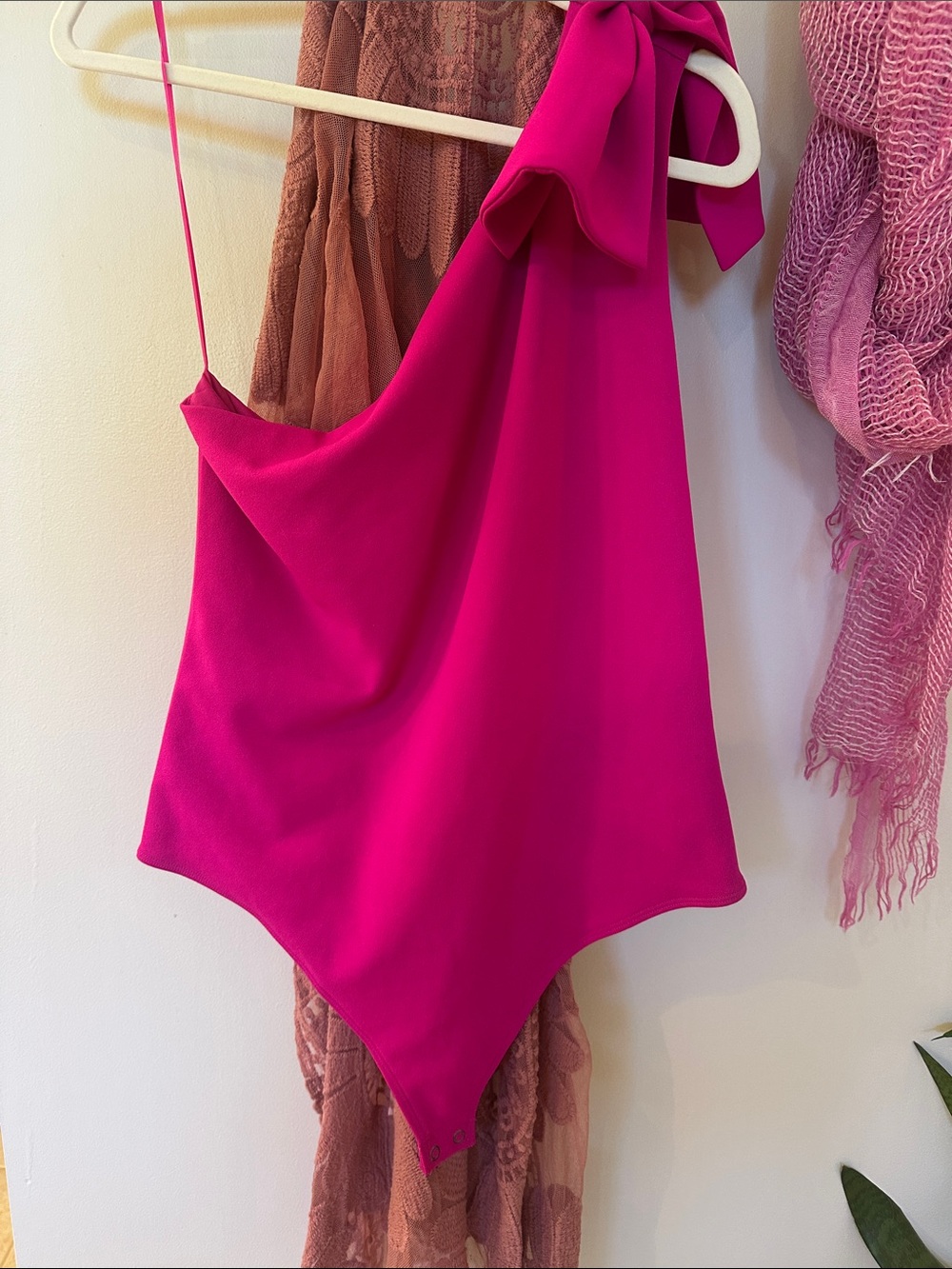 Express Hot Pink One-Shoulder Tie Bodysuit